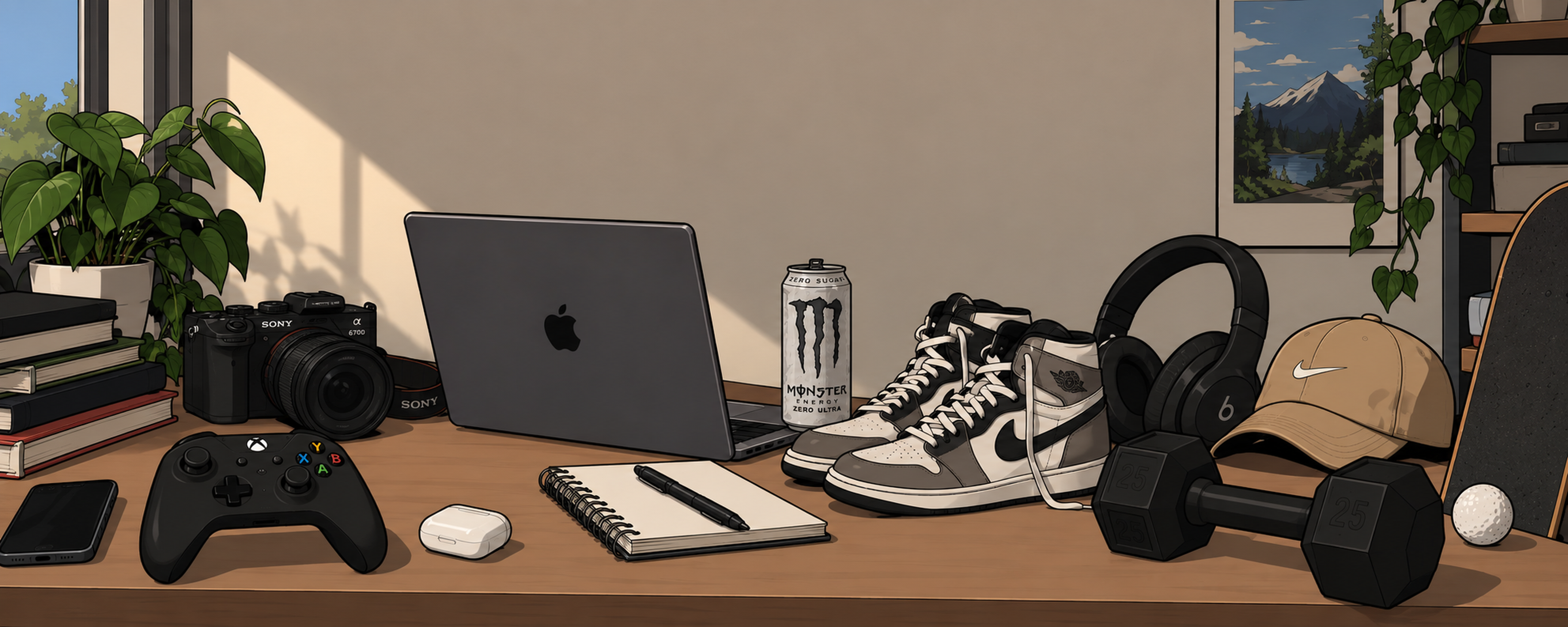 The illustrated Crumb studio: a camera, laptop, sneakers, and a notebook on a sunlit desk.