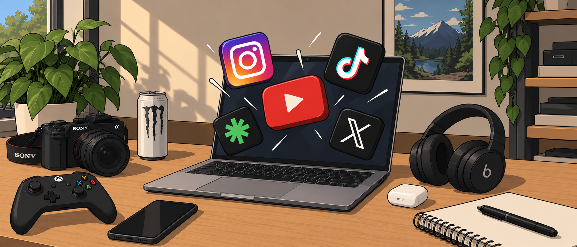 An illustrated creator desk with social media icons floating above a laptop.